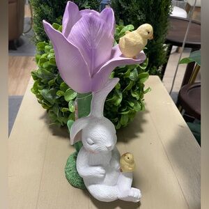 Easter Bunny with Chicks Napping Under Purple Tulip resin Figure Tabletop NWT